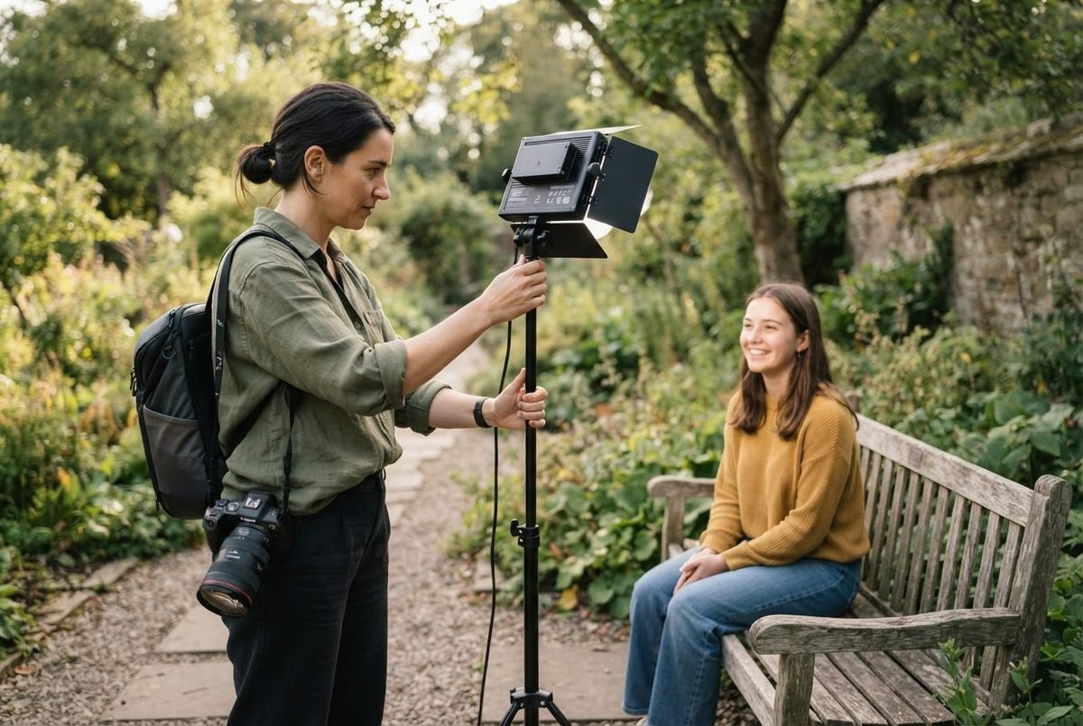 Photographer adjusting a light panel for a smiling woman on a garden bench, seeing 10 tips for better photography