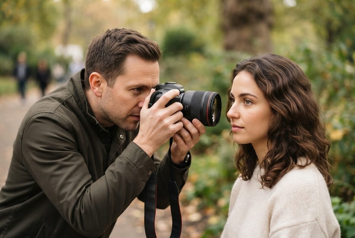 Photographer with a DSLR camera focusing on a woman's eyes during an outdoor portrait in a park with soft autumn light.