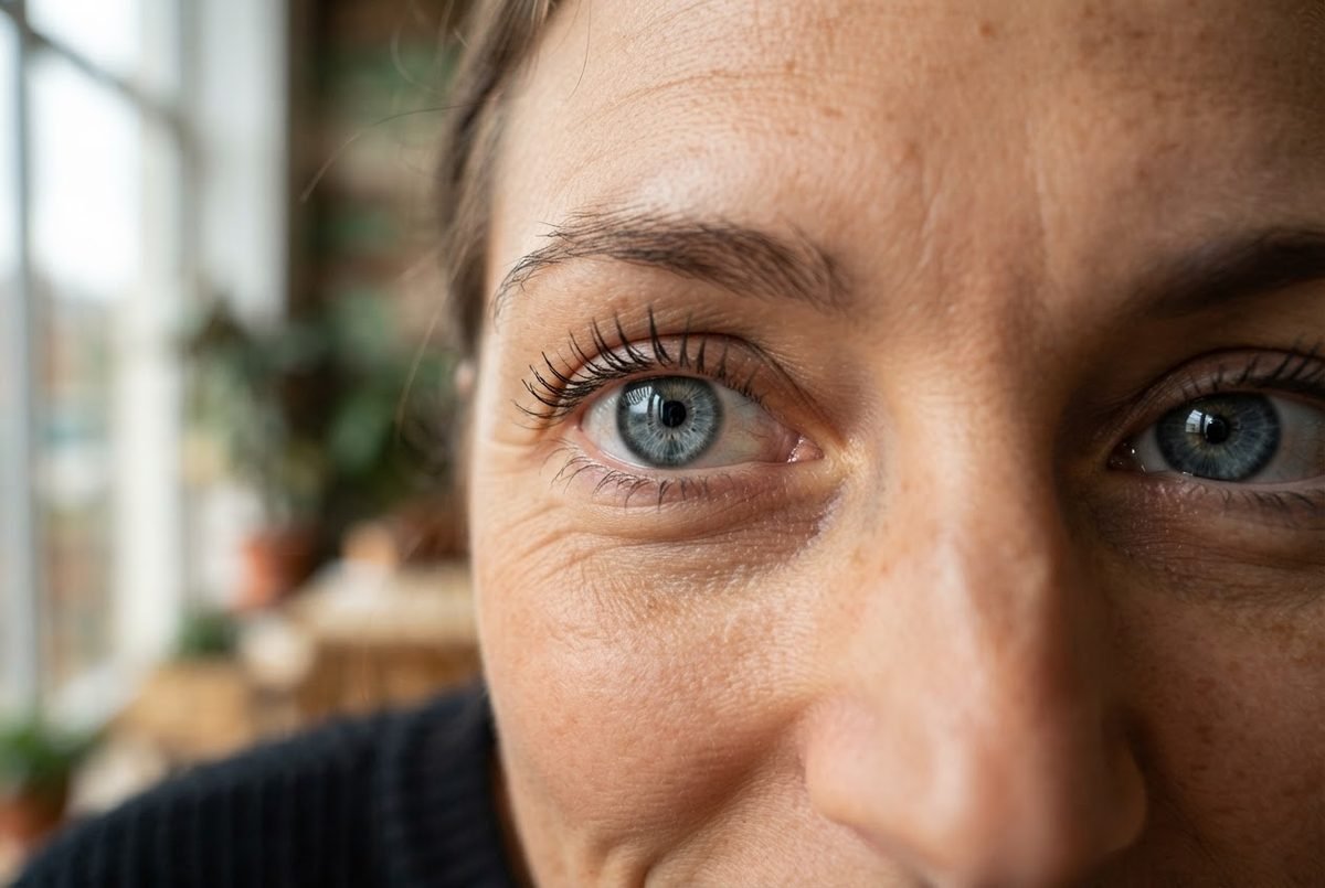 Close-up portrait of a woman's sharp blue eye with long lashes, softly blurred plants and window behind her.