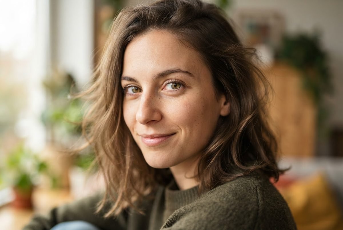 Smiling woman with wavy brown hair and green sweater looks over her shoulder at camera; blurred plants behind her.