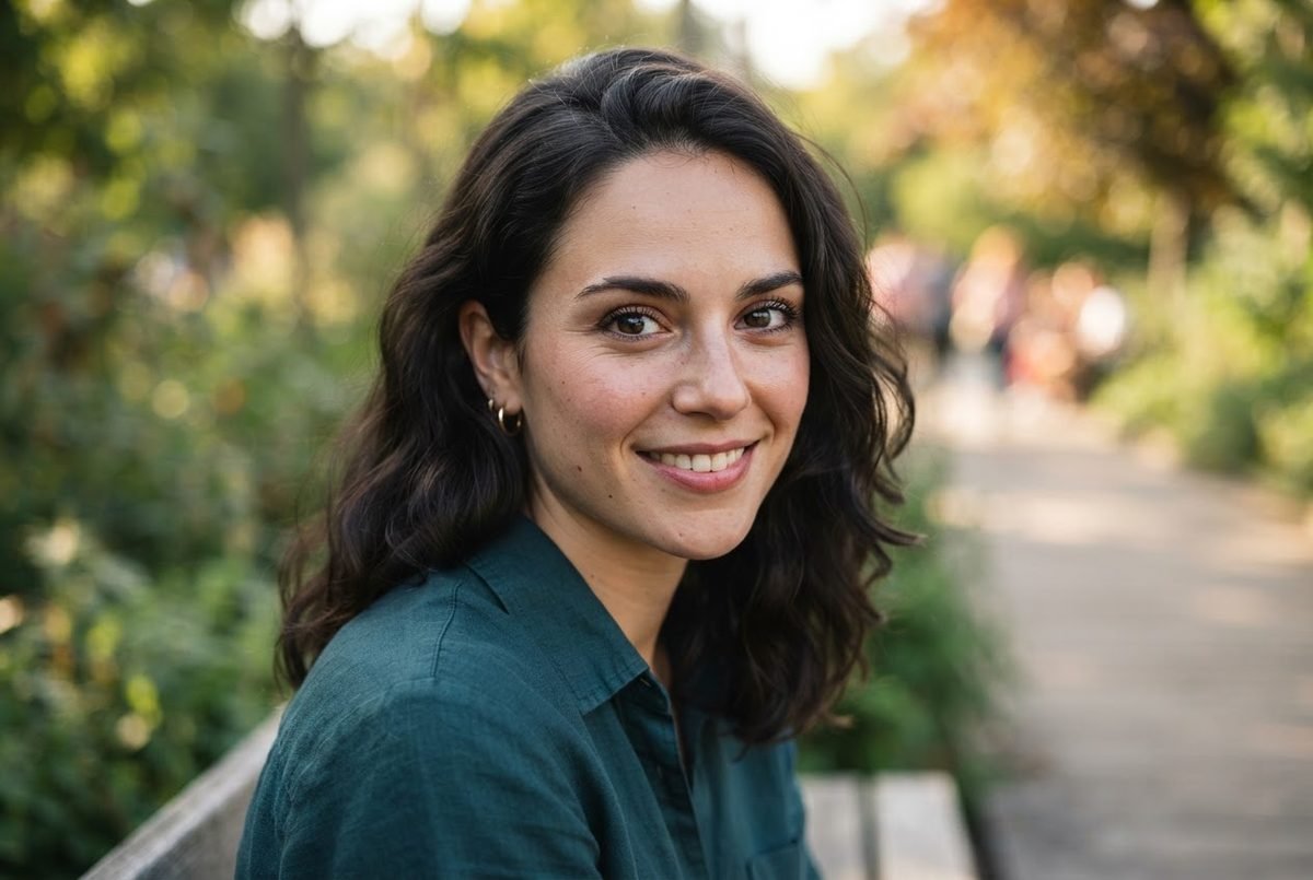 Portrait of a smiling woman in a green shirt, showing sharp eyes in portraits against a blurred park backdrop.