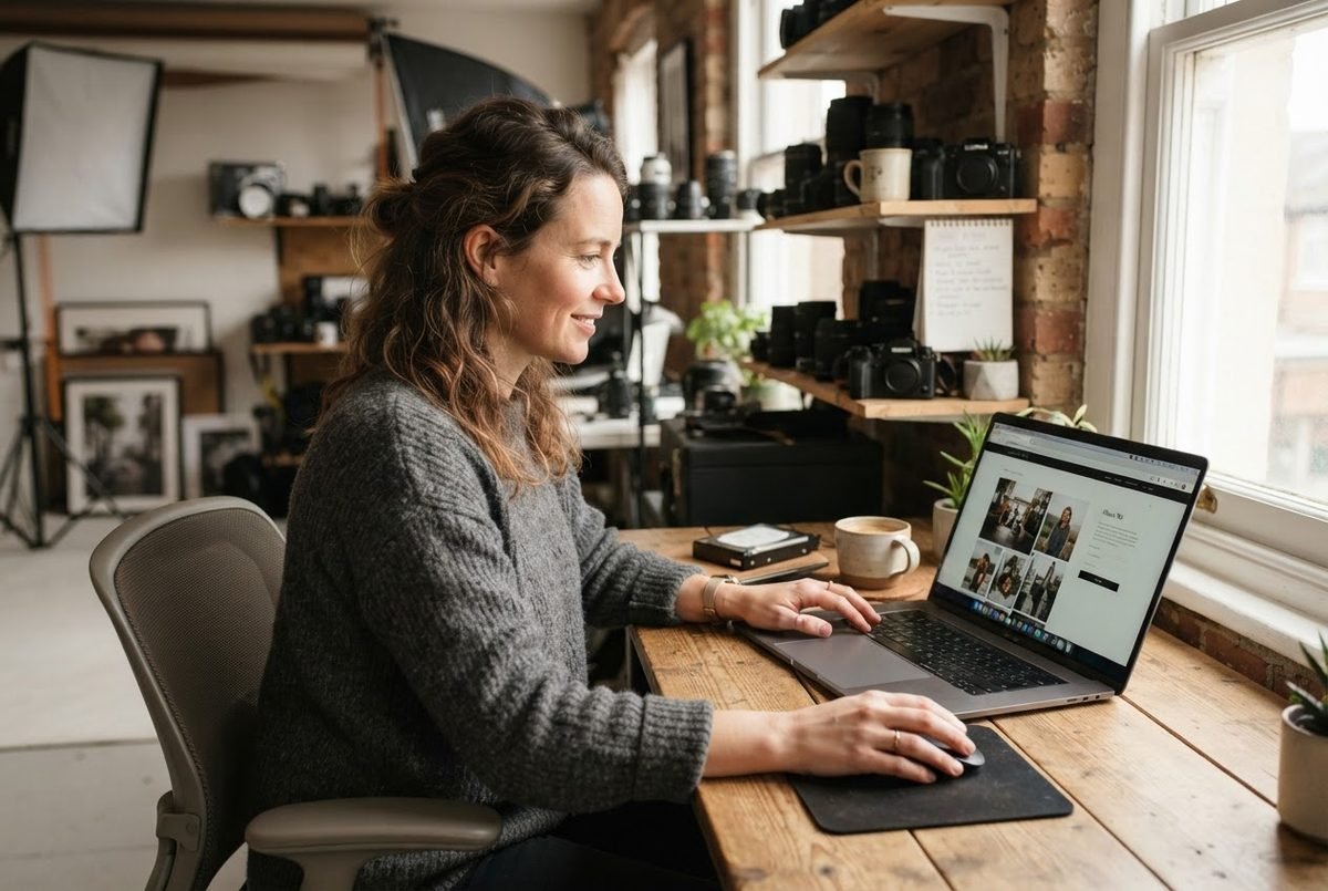 Smiling woman in a grey sweater editing photos on a laptop in a studio with camera gear on shelves