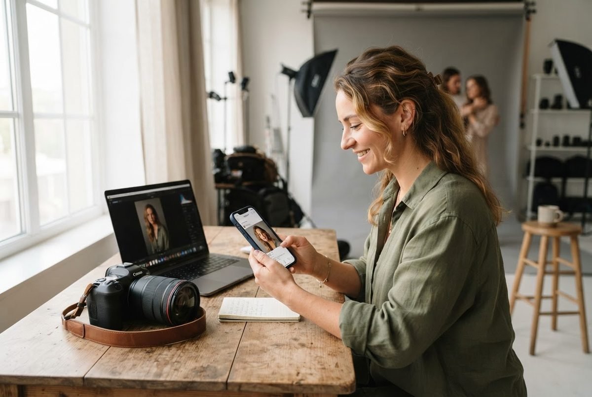 Smiling photographer in an olive shirt checks a phone beside a laptop, camera and notebook in a bright studio.