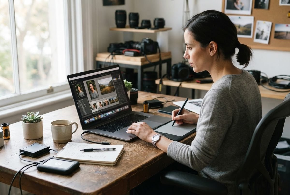 Woman photographer editing images on a laptop at a studio desk, part of studio digital marketing for photographers