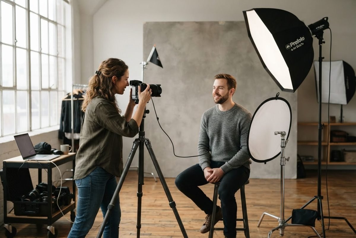Softbox and reflector arranged for a headshot session