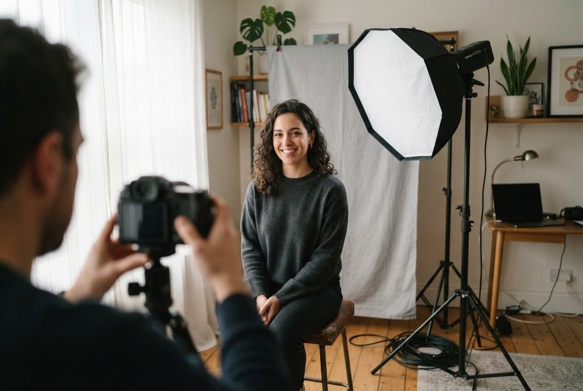 Photographer shooting a smiling woman on a stool in a home studio with an octagonal softbox light and white backdrop