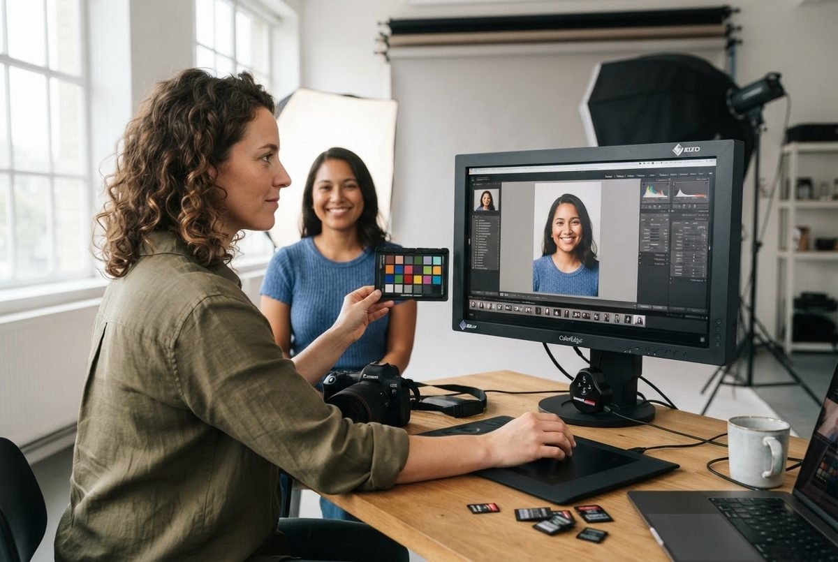 Photographer checking colour accuracy during a portrait session