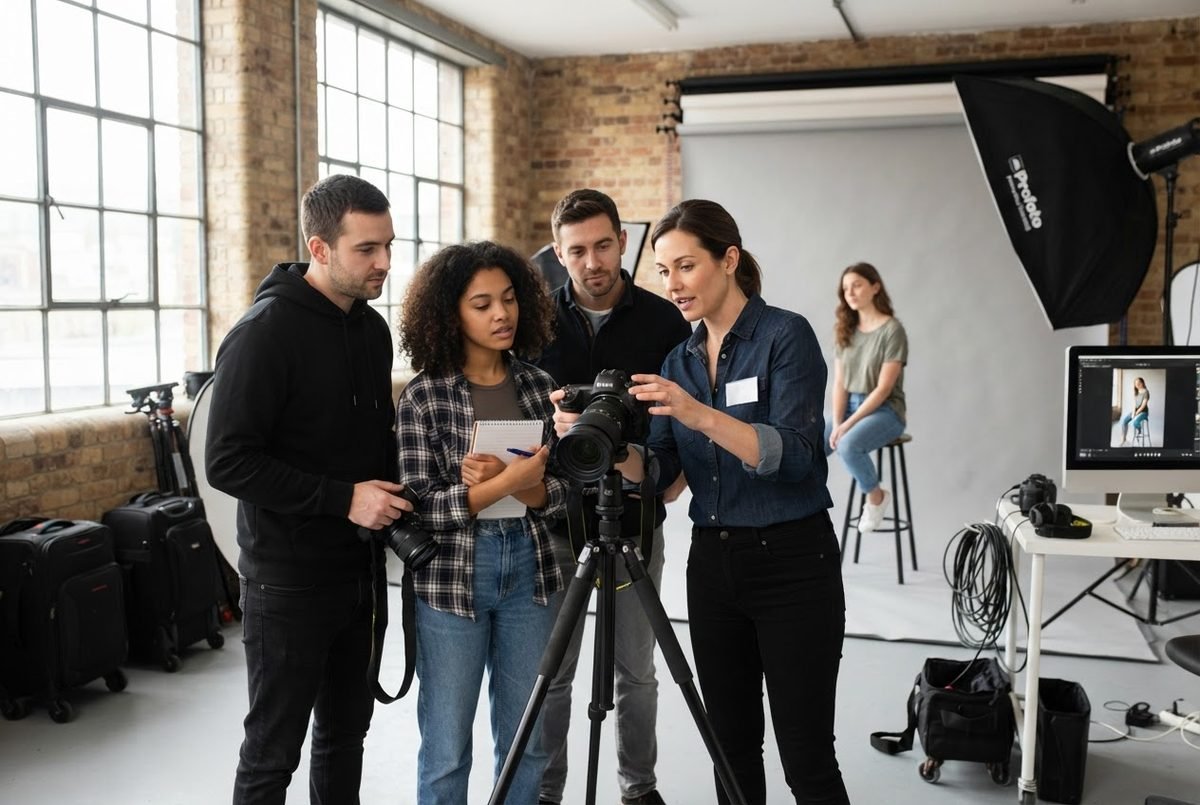 Photographer watching online studio lighting tutorial
