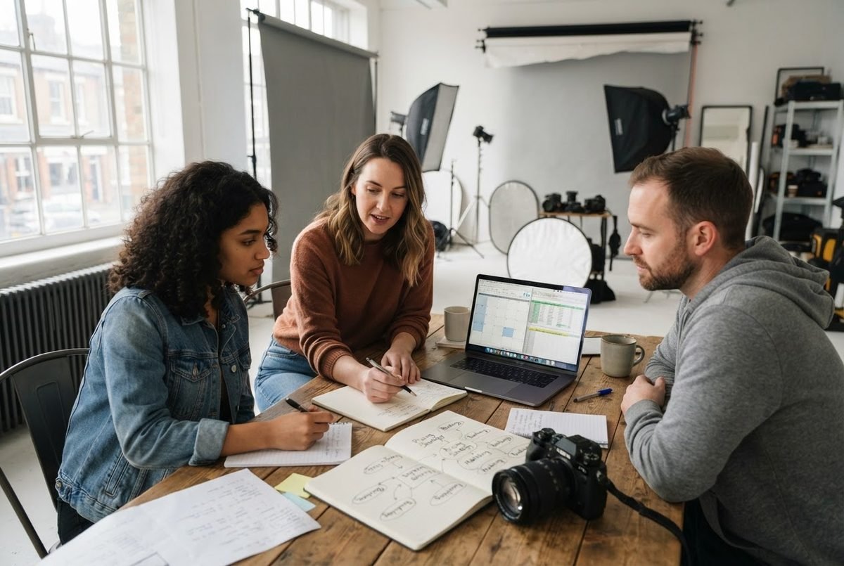 Three people reviewing notes and a laptop at a wooden table in a photo studio with a camera and lighting gear.