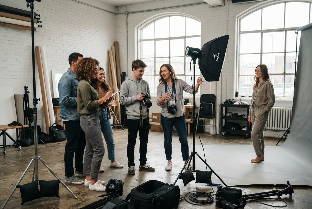 Photographer adjusting studio lighting during a hands-on workshop