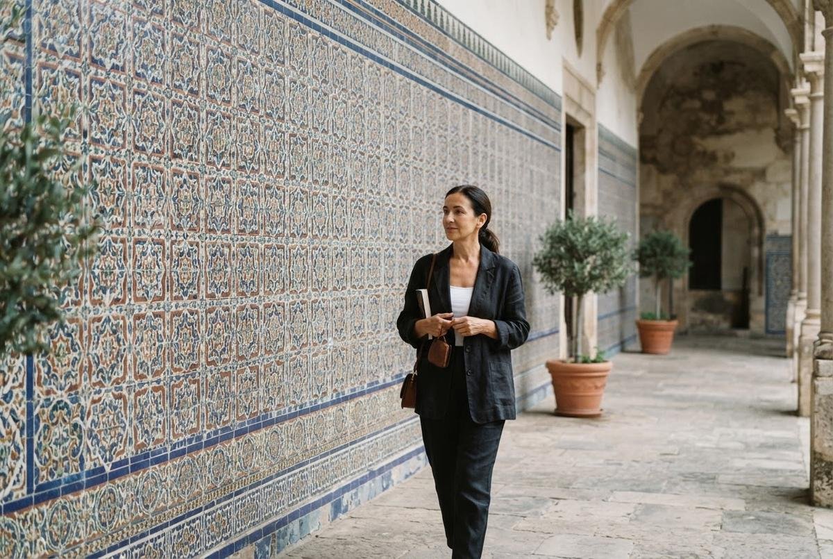 Woman in dark clothes walks past a geometric blue and brown tile wall, with an arcade and potted olive trees nearby.
